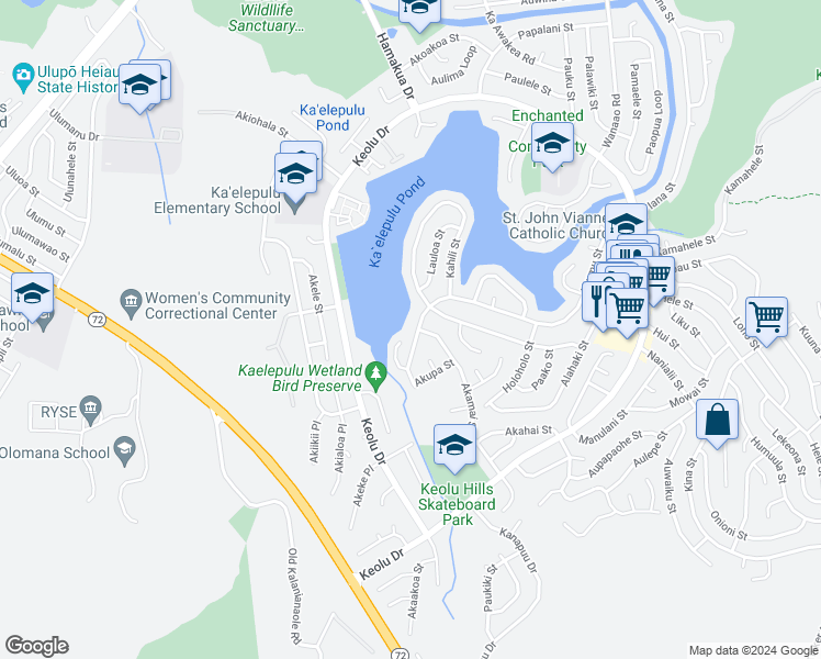 map of restaurants, bars, coffee shops, grocery stores, and more near 1156 Akuila Place in Kailua