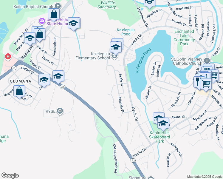 map of restaurants, bars, coffee shops, grocery stores, and more near 1220 Akipohe Street in Kailua