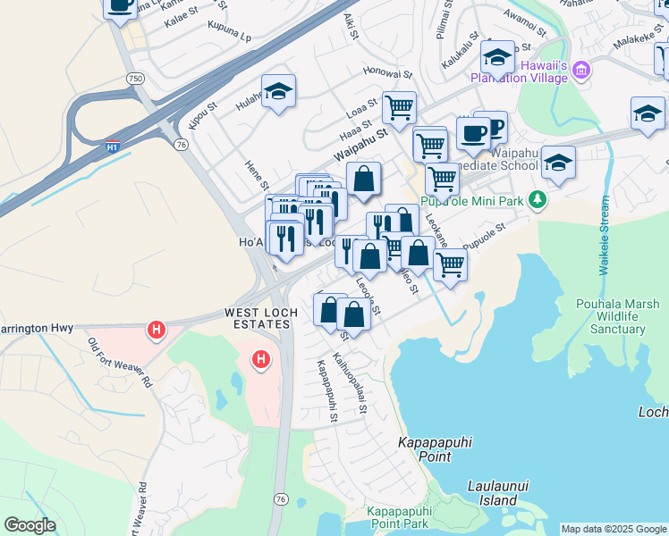 map of restaurants, bars, coffee shops, grocery stores, and more near 94-74 Leonui Street in Waipahu