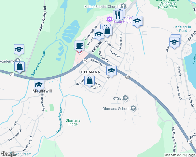 map of restaurants, bars, coffee shops, grocery stores, and more near 543 Uluhaku Street in Kailua