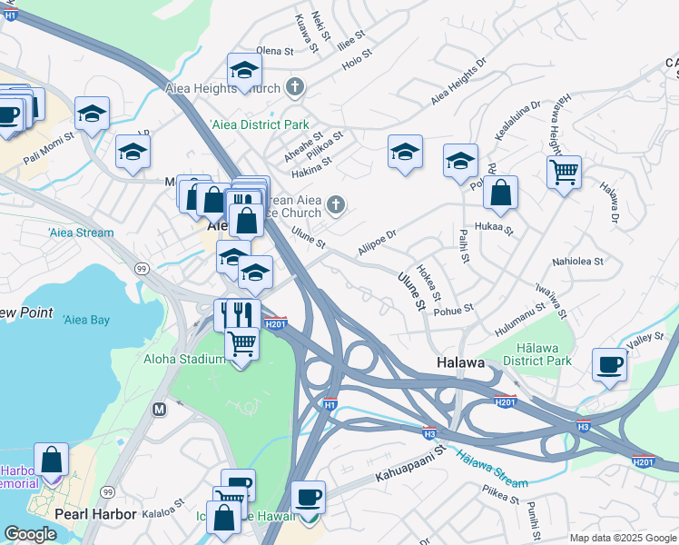 map of restaurants, bars, coffee shops, grocery stores, and more near Queen Liliuokalani Fwy in Aiea