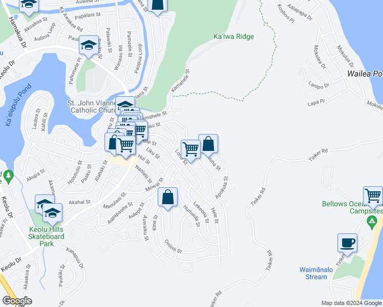 map of restaurants, bars, coffee shops, grocery stores, and more near 1245 Kupau Street in Kailua