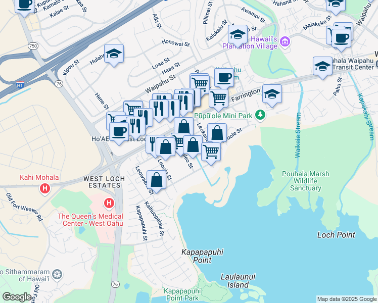 map of restaurants, bars, coffee shops, grocery stores, and more near 94-150 Leoleo St in Waipahu