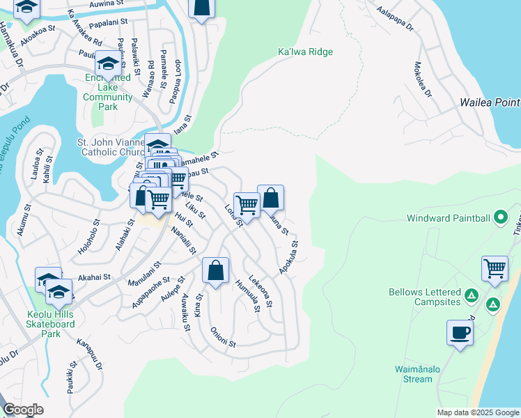 map of restaurants, bars, coffee shops, grocery stores, and more near 989 Kina Street in Kailua