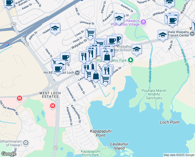 map of restaurants, bars, coffee shops, grocery stores, and more near 94-170 Leokane Street in Waipahu