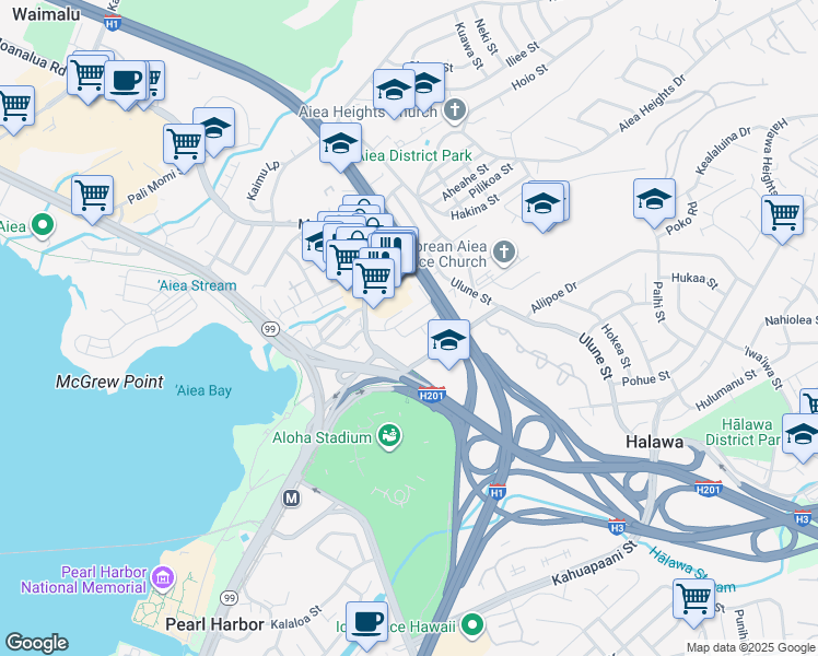 map of restaurants, bars, coffee shops, grocery stores, and more near 99-186 Puakala Street in Aiea