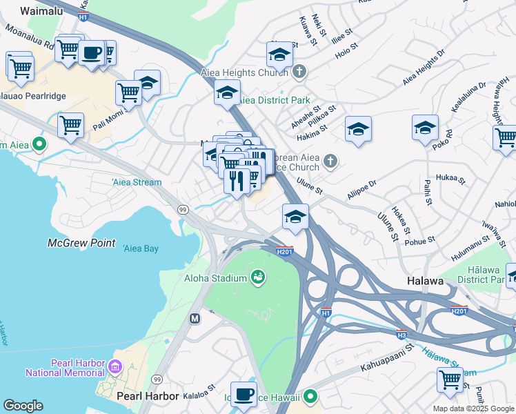 map of restaurants, bars, coffee shops, grocery stores, and more near 121 Nanu Place in Aiea