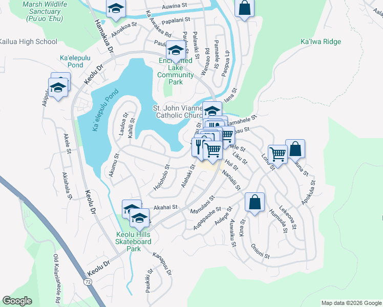 map of restaurants, bars, coffee shops, grocery stores, and more near 853 Akumu Street in Kailua