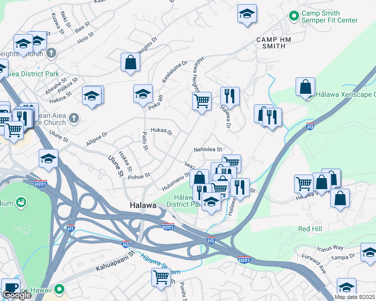 map of restaurants, bars, coffee shops, grocery stores, and more near 99-778 Nahiolea Street in Aiea