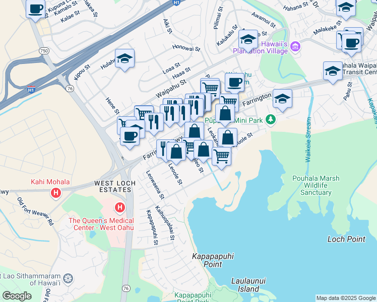 map of restaurants, bars, coffee shops, grocery stores, and more near 94-199 Leonui Street in Waipahu