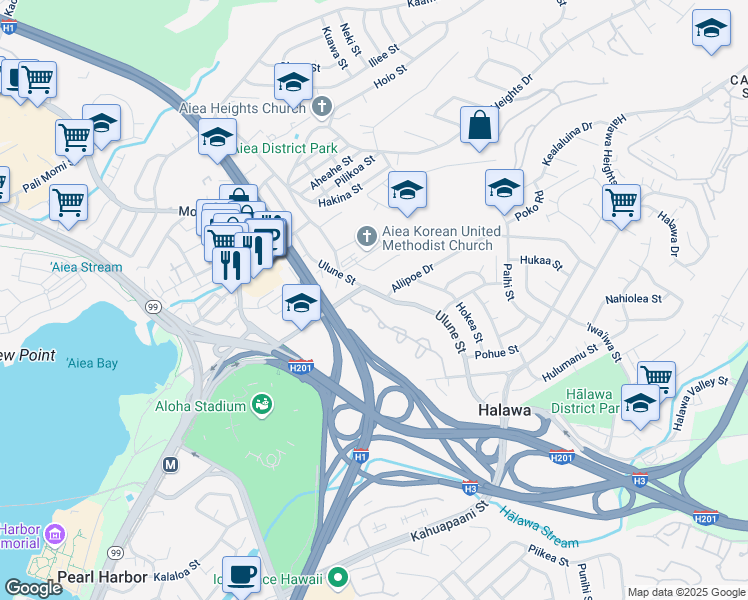 map of restaurants, bars, coffee shops, grocery stores, and more near in Halawa