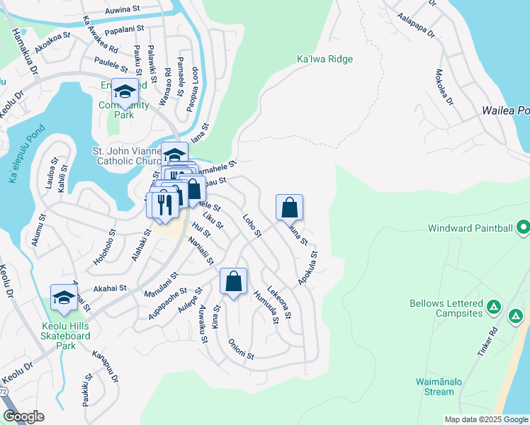 map of restaurants, bars, coffee shops, grocery stores, and more near 1238 Kupau Street in Kailua