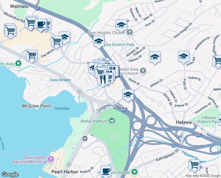map of restaurants, bars, coffee shops, grocery stores, and more near 126 Nanu Place in Aiea