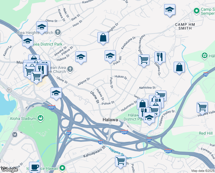 map of restaurants, bars, coffee shops, grocery stores, and more near 99-635 Pualaa Street in Aiea