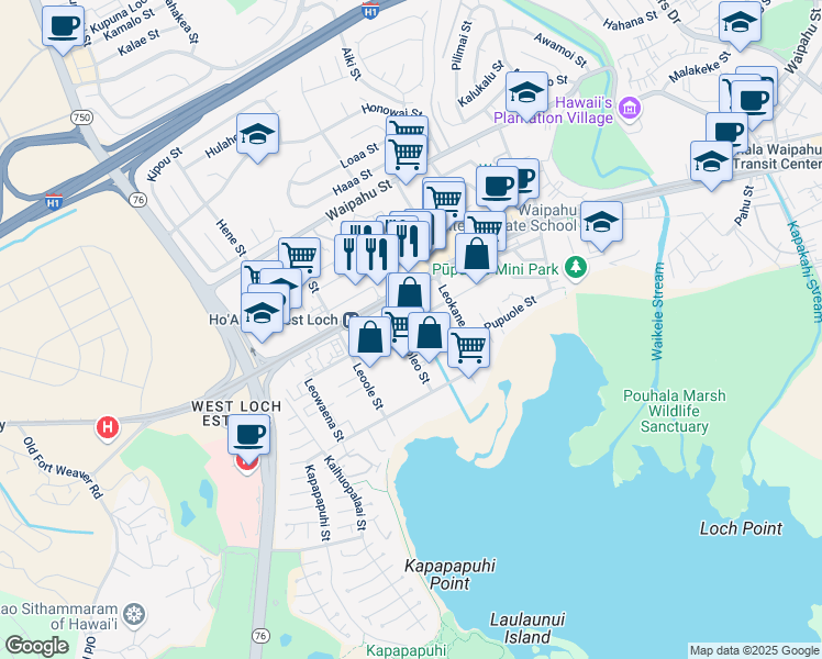 map of restaurants, bars, coffee shops, grocery stores, and more near 94-199 Leonui Street in Waipahu