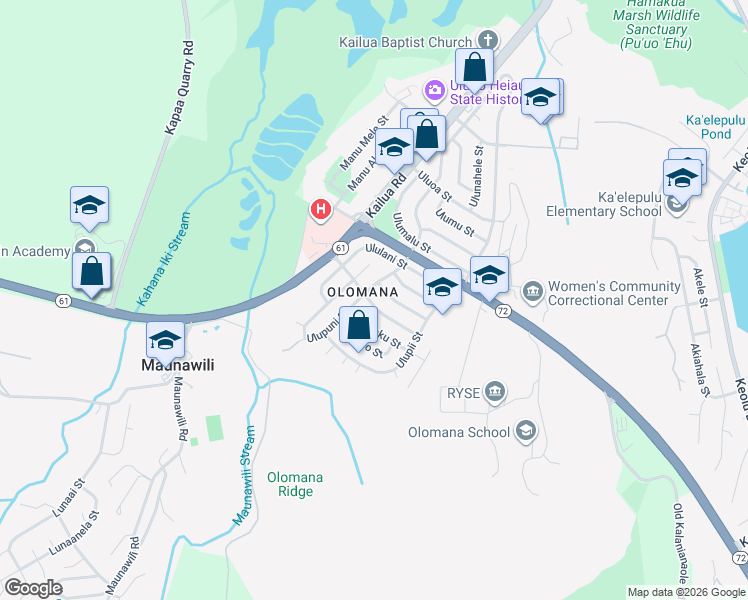 map of restaurants, bars, coffee shops, grocery stores, and more near 568 Ulukanu Street in Kailua