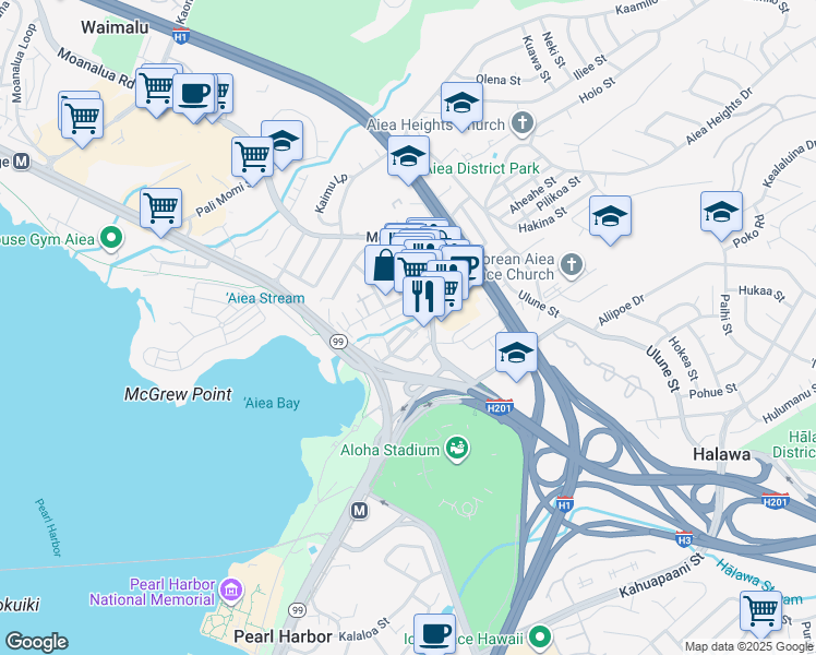 map of restaurants, bars, coffee shops, grocery stores, and more near 99-208 Upapalu Drive in Aiea