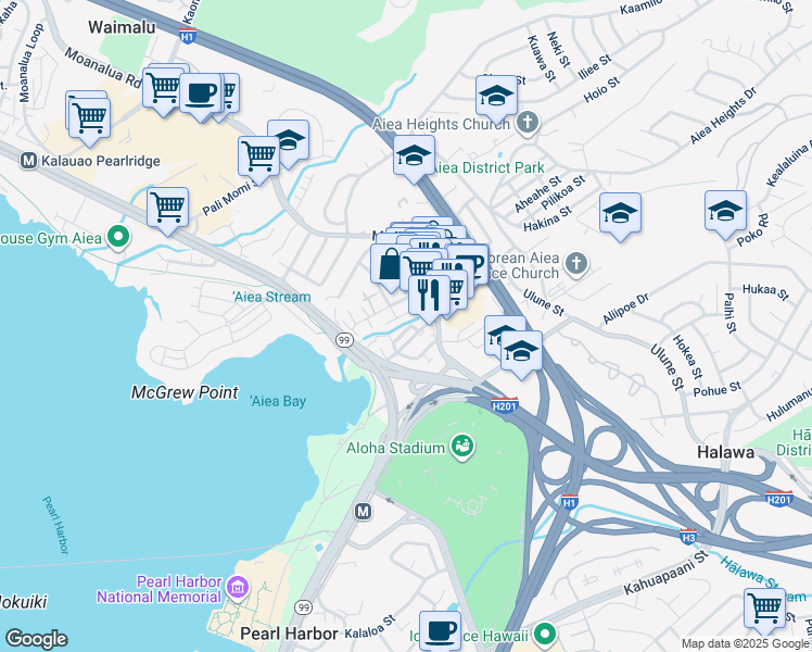 map of restaurants, bars, coffee shops, grocery stores, and more near 99-208 Upapalu Drive in Aiea