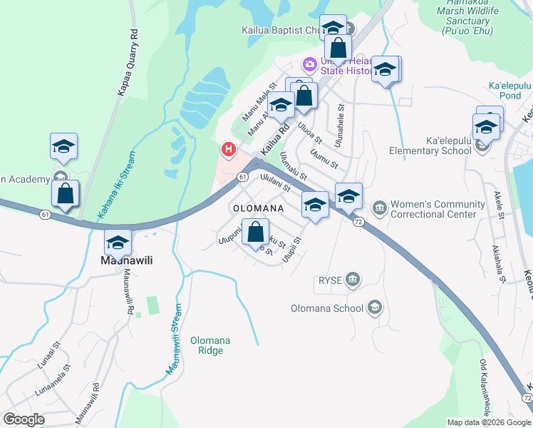 map of restaurants, bars, coffee shops, grocery stores, and more near 568 Ulukanu Street in Kailua