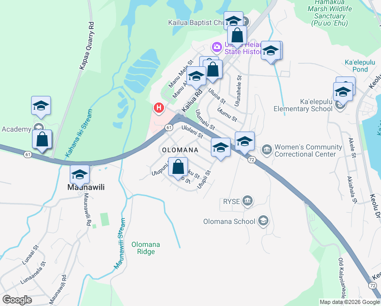 map of restaurants, bars, coffee shops, grocery stores, and more near 568 Ulukanu Street in Kailua