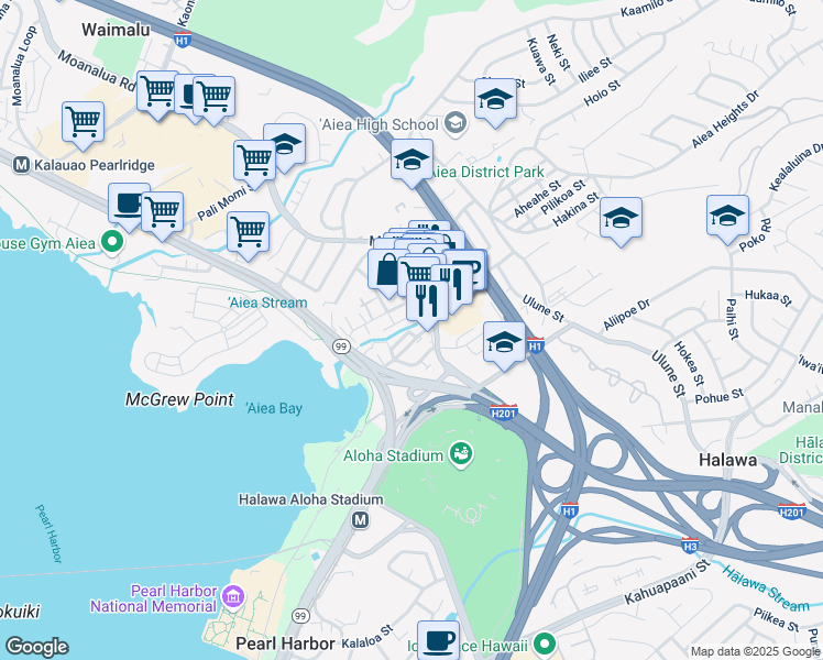 map of restaurants, bars, coffee shops, grocery stores, and more near 99-208 Upapalu Drive in Aiea