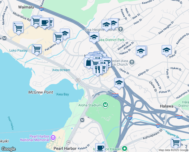 map of restaurants, bars, coffee shops, grocery stores, and more near 99-208 Upapalu Drive in Aiea