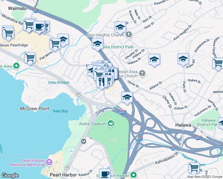 map of restaurants, bars, coffee shops, grocery stores, and more near 99-138 Nanu Place in Aiea