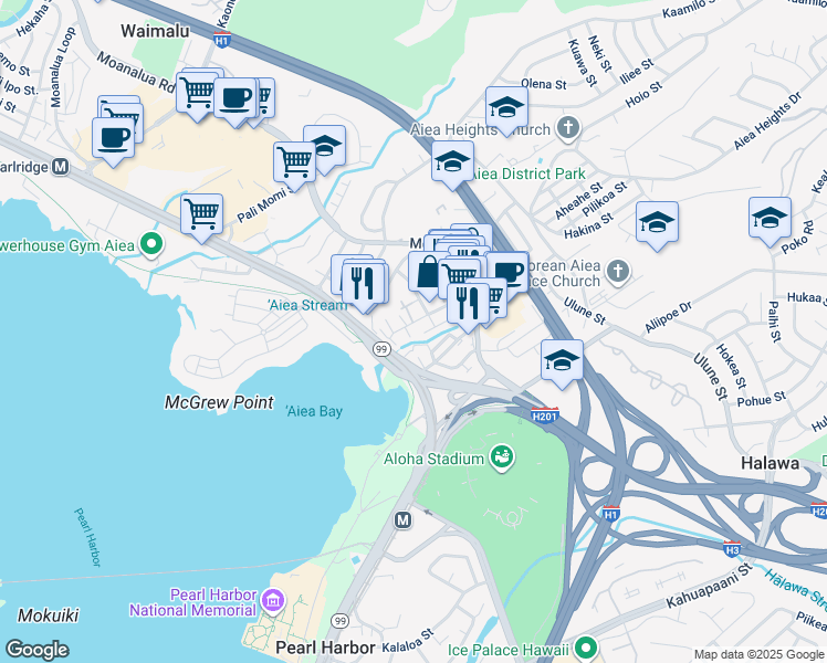 map of restaurants, bars, coffee shops, grocery stores, and more near 99-29A Kauhale Street in Aiea