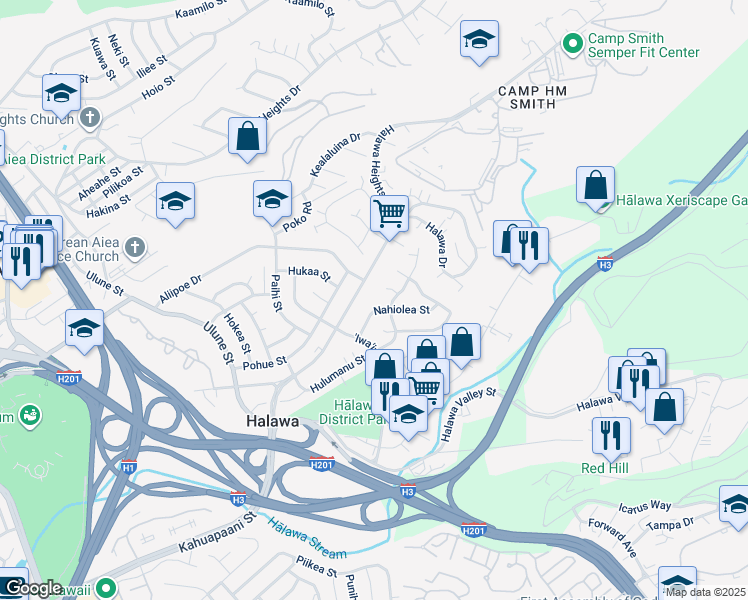map of restaurants, bars, coffee shops, grocery stores, and more near 99-778 Nahiolea Street in Aiea