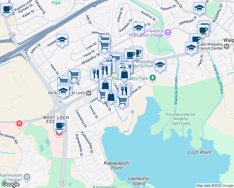 map of restaurants, bars, coffee shops, grocery stores, and more near 94-170 Leokane Street in Waipahu
