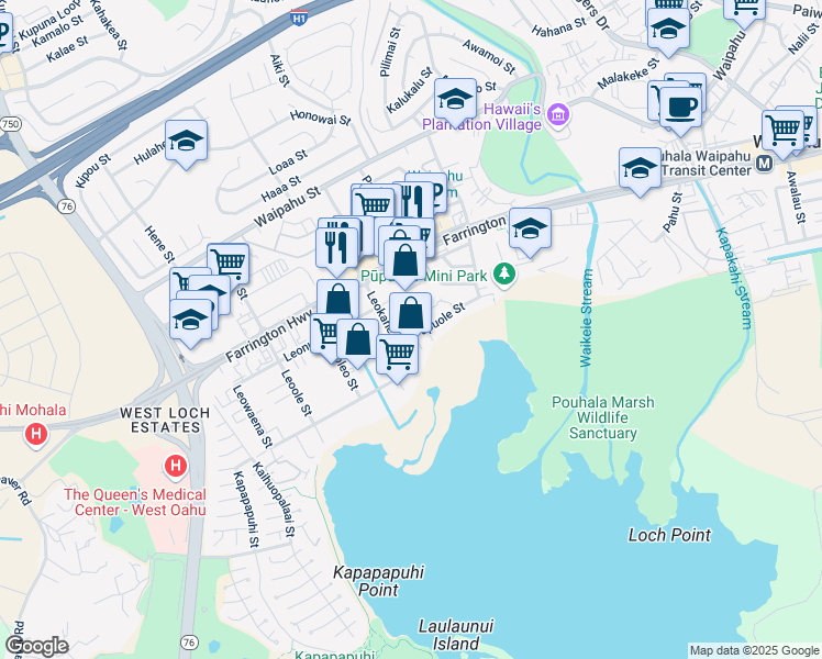 map of restaurants, bars, coffee shops, grocery stores, and more near 94-252 Pupuole Street in Waipahu