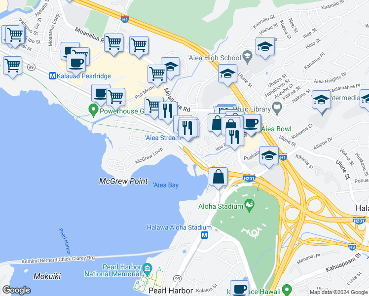map of restaurants, bars, coffee shops, grocery stores, and more near 99-16 Kamehameha Highway in Aiea