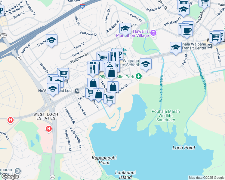 map of restaurants, bars, coffee shops, grocery stores, and more near 94-252 Pupuole Street in Waipahu