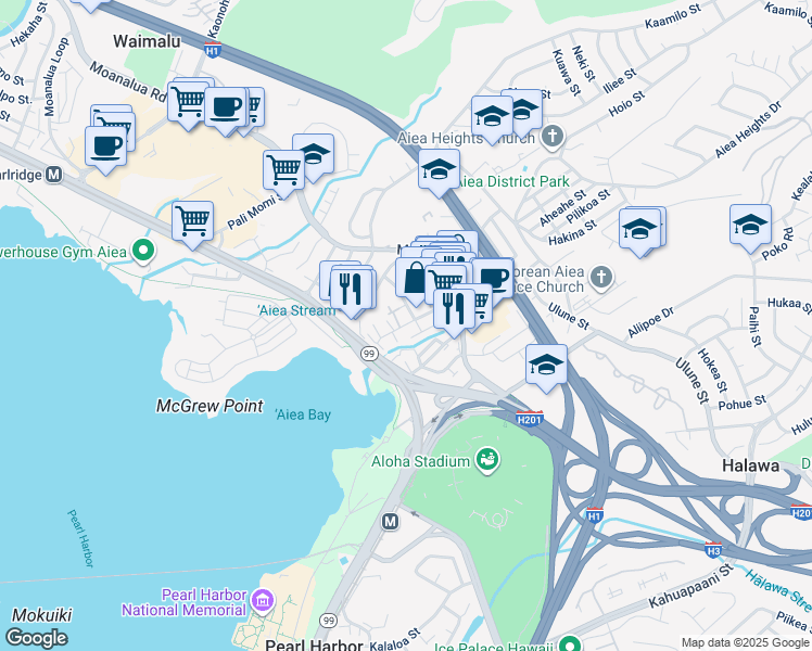map of restaurants, bars, coffee shops, grocery stores, and more near 99-29A Kauhale Street in Aiea