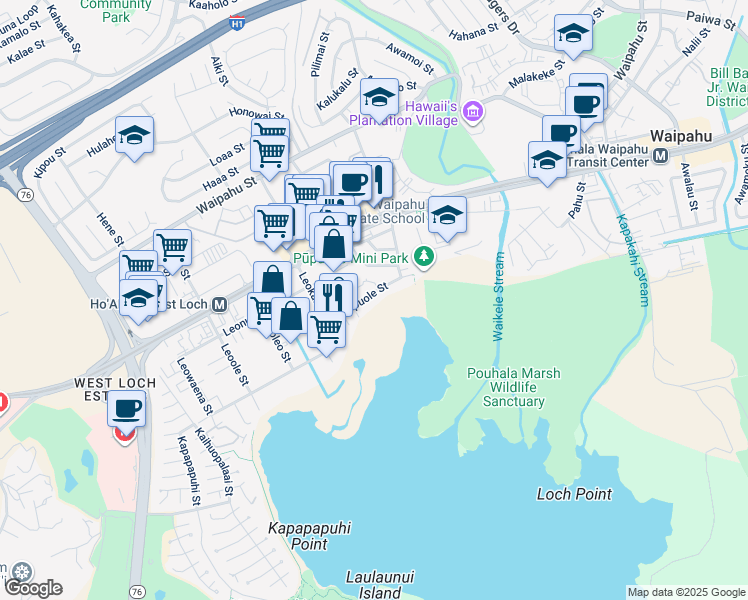 map of restaurants, bars, coffee shops, grocery stores, and more near 94-295 Pupuole Street in Waipahu