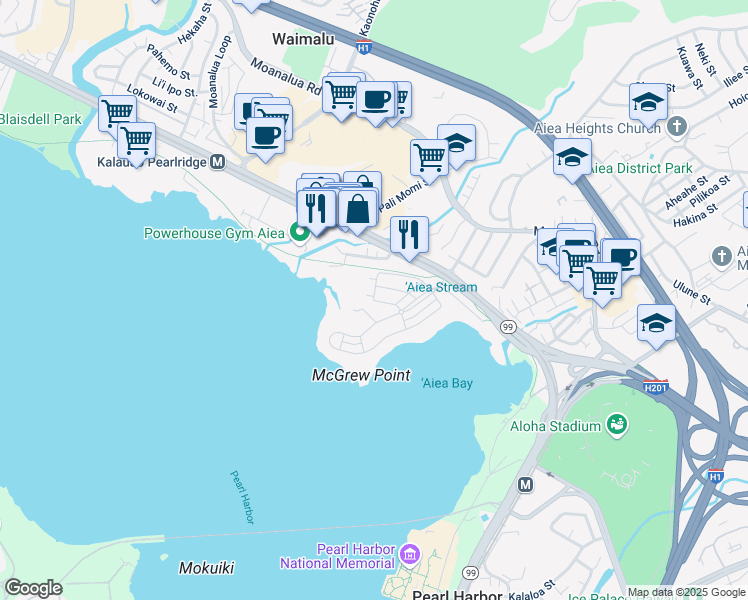 map of restaurants, bars, coffee shops, grocery stores, and more near 118 Honu Loop in Aiea