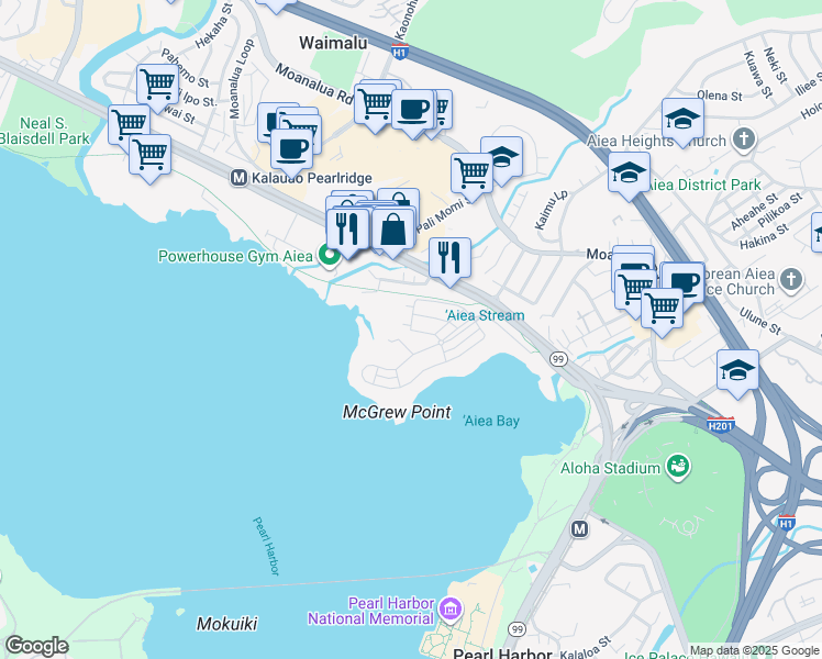 map of restaurants, bars, coffee shops, grocery stores, and more near 115 Honu Loop in Aiea