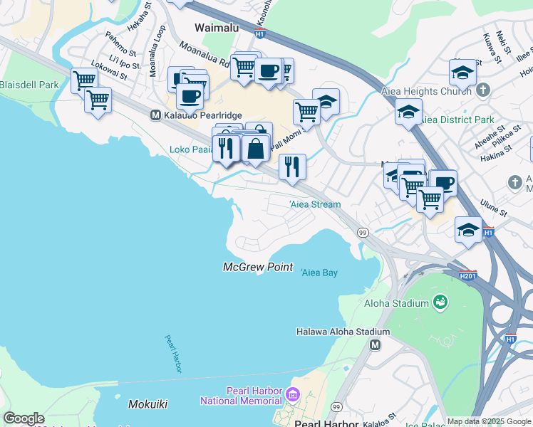 map of restaurants, bars, coffee shops, grocery stores, and more near 111 Honu Loop in Aiea