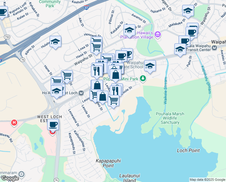 map of restaurants, bars, coffee shops, grocery stores, and more near 94-252 Pupuole Street in Waipahu