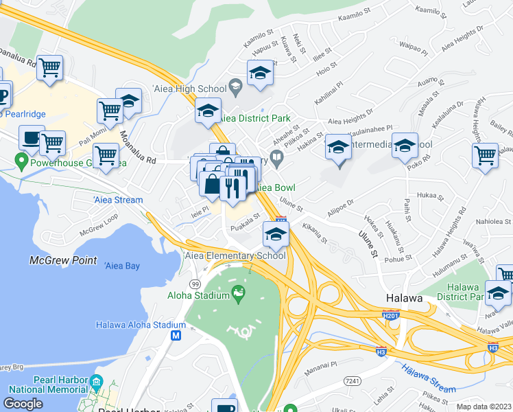 map of restaurants, bars, coffee shops, grocery stores, and more near 99-182 Laka Place in Aiea