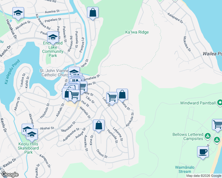 map of restaurants, bars, coffee shops, grocery stores, and more near 1238 Kupau Street in Kailua