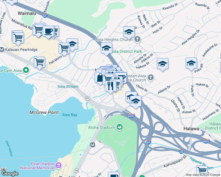 map of restaurants, bars, coffee shops, grocery stores, and more near 99-209 Moanalua Road in Aiea