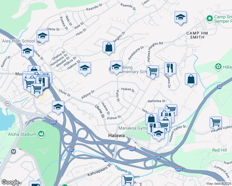 map of restaurants, bars, coffee shops, grocery stores, and more near 99-635 Pualaa Street in Aiea