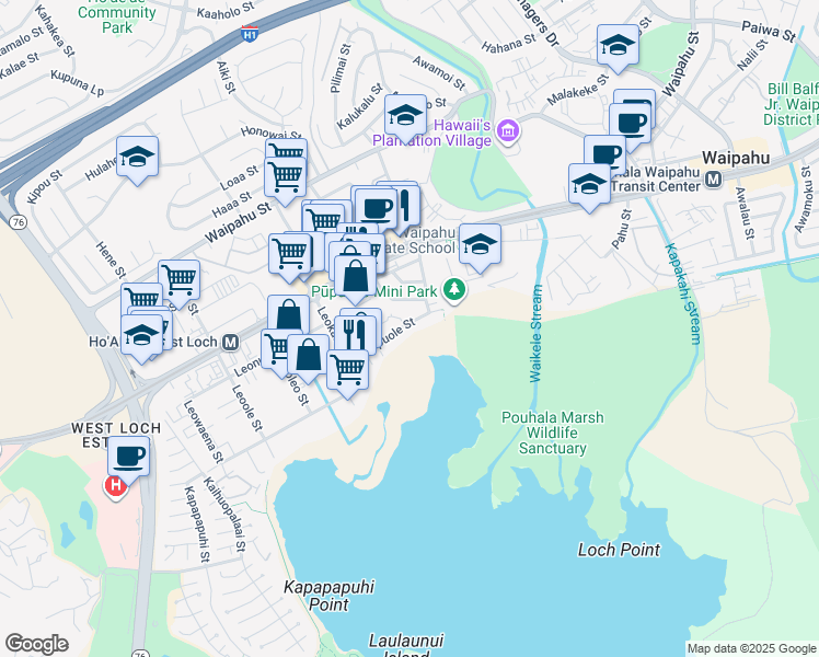 map of restaurants, bars, coffee shops, grocery stores, and more near 94-311 Pupuole Street in Waipahu