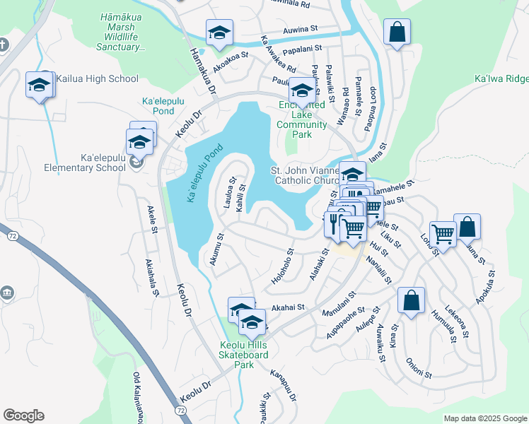 map of restaurants, bars, coffee shops, grocery stores, and more near 980 Akumu Street in Kailua