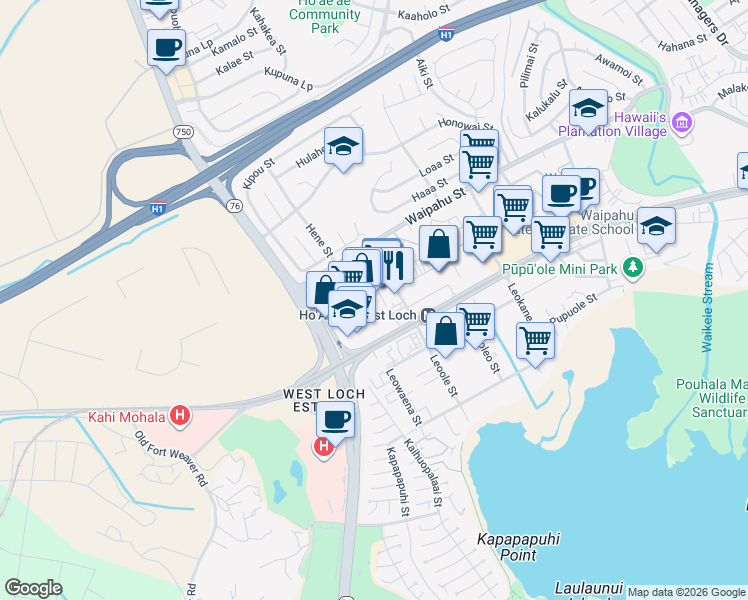 map of restaurants, bars, coffee shops, grocery stores, and more near 94-050 Farrington Highway in Waipahu