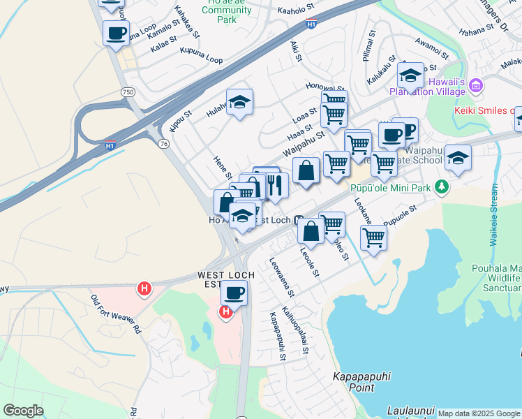 map of restaurants, bars, coffee shops, grocery stores, and more near 94-050 Farrington Highway in Waipahu