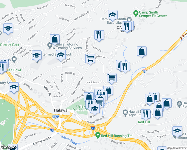 map of restaurants, bars, coffee shops, grocery stores, and more near 99-1004 Ohelopapa Place in Aiea