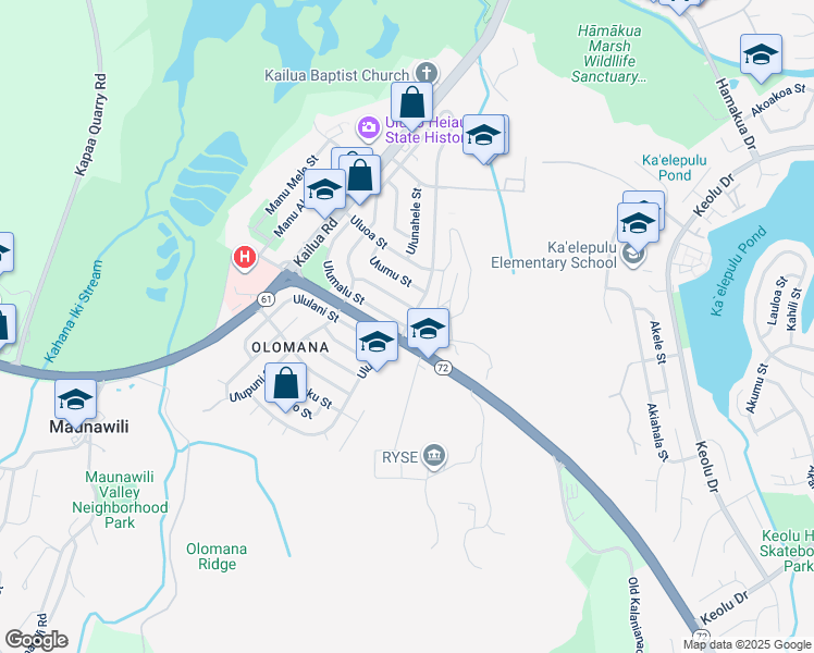 map of restaurants, bars, coffee shops, grocery stores, and more near 500 Ulumalu Street in Kailua