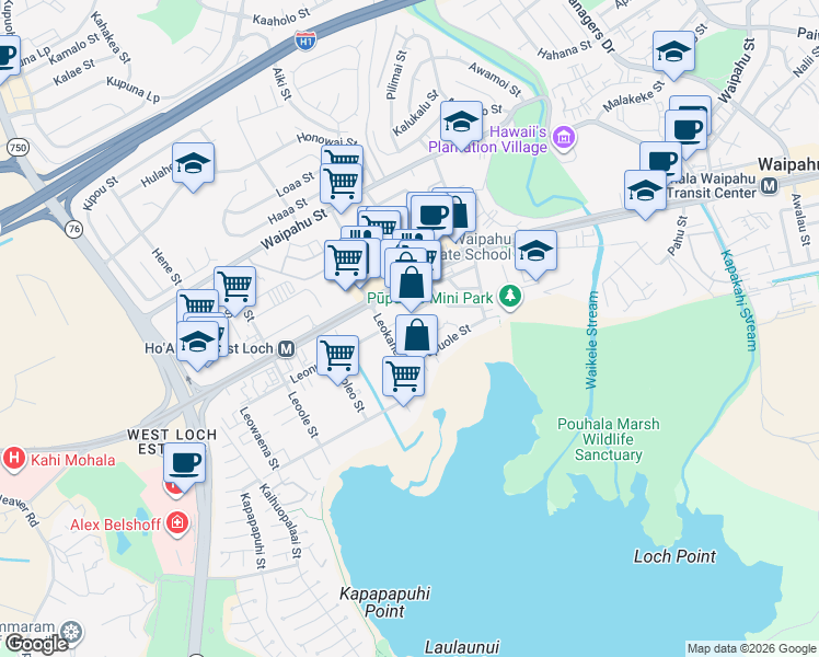 map of restaurants, bars, coffee shops, grocery stores, and more near 94-289 Leonui Street in Waipahu